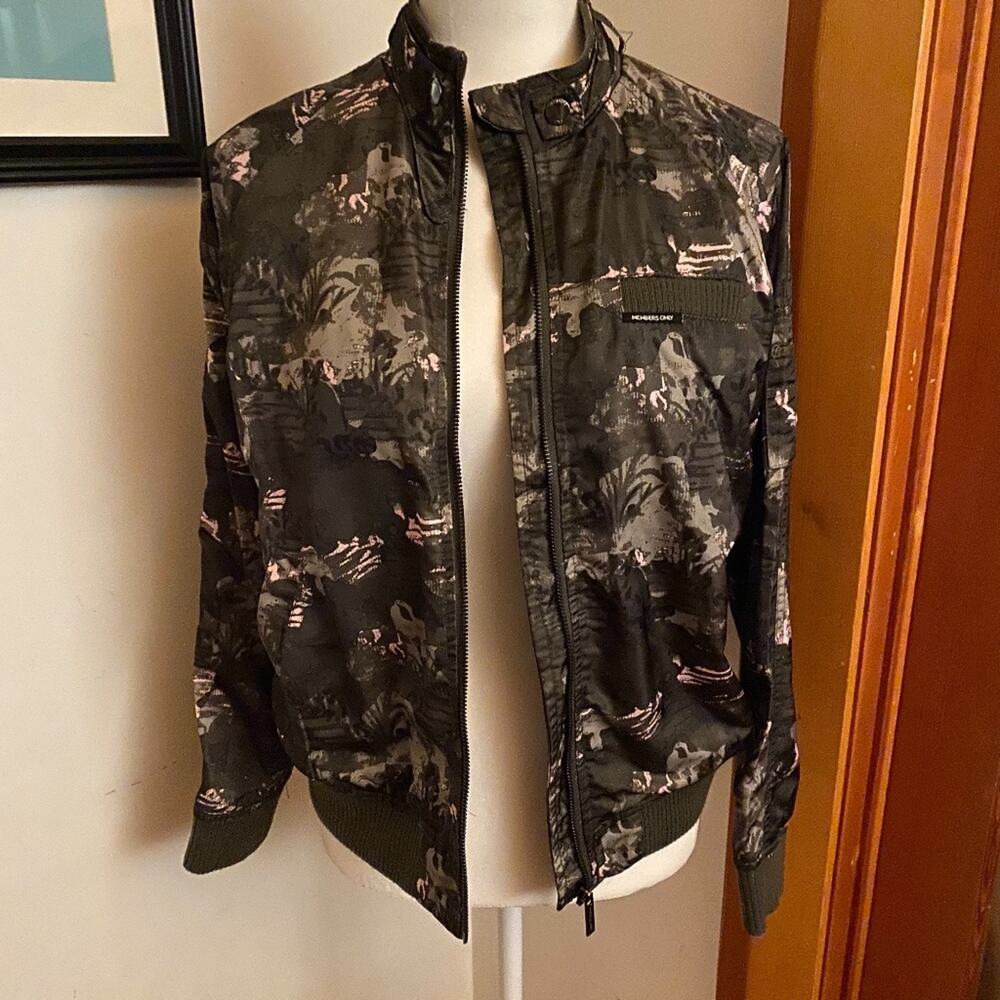 Members Only Satin Olive Green/Pink camouflage jacket
